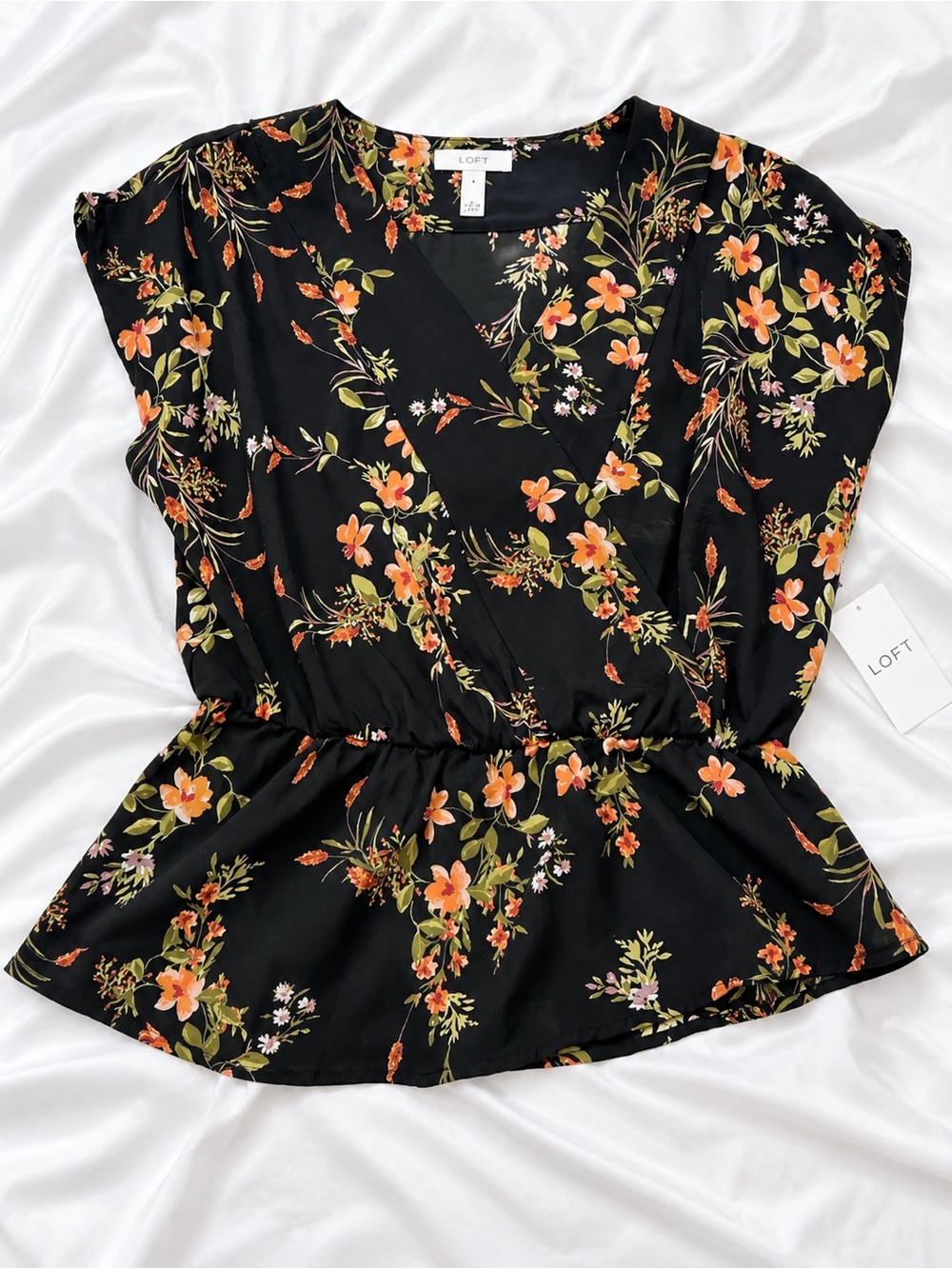Leith Black Floral Wrap Peplum Top with Orange Blooms